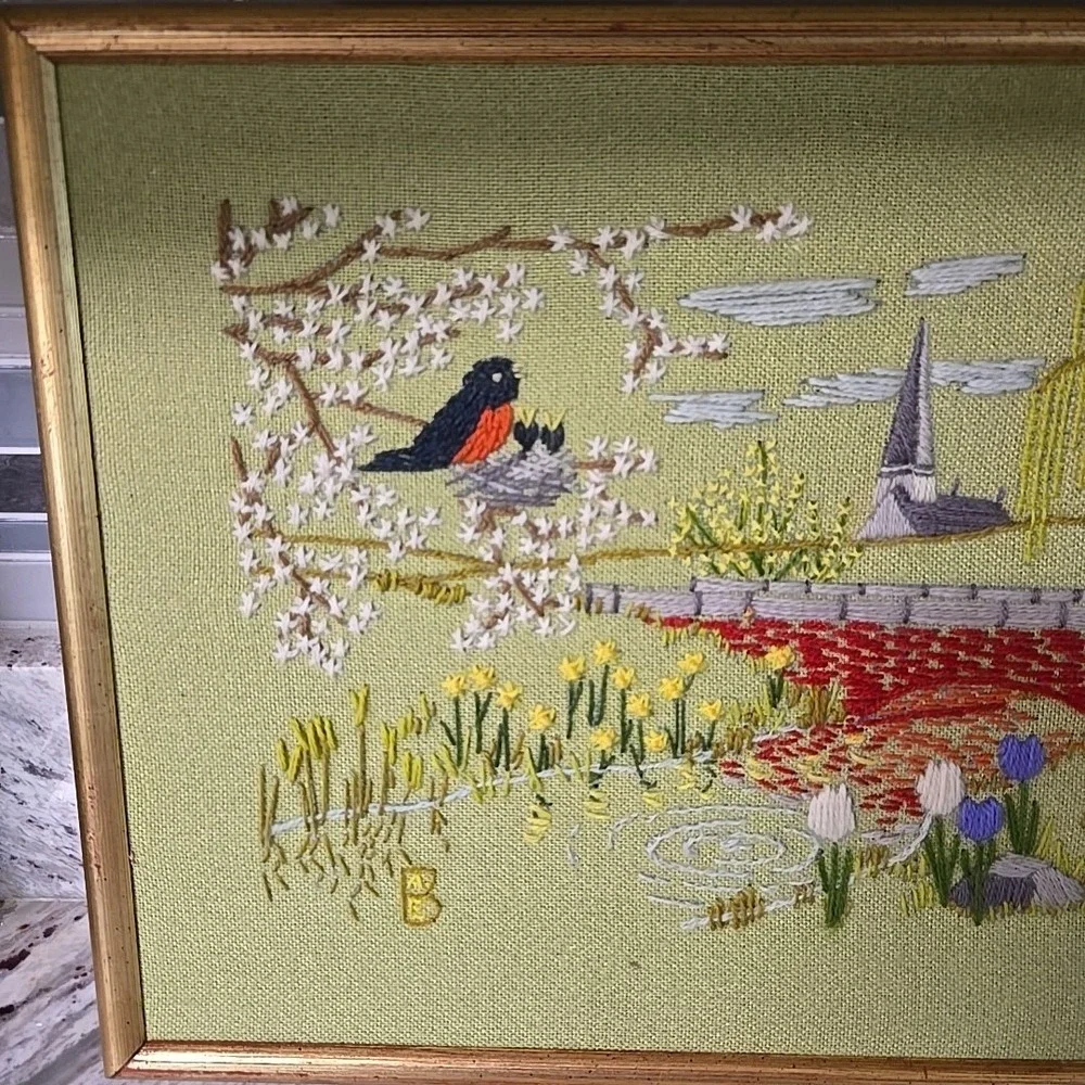 Vintage Completed 17 inch x 13.5 inch Country Scene Cross‎ Stitch W Church